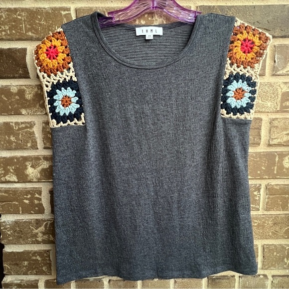 THML Tops - THML Crochet Sleeves Top Gray Blouse Women’s Size XS